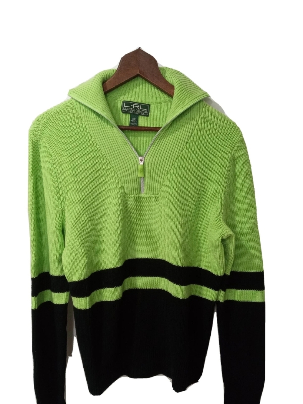 Lauren Ralph Lauren Lime Green and Black Half-Zip Knit Sweater XL Mens
